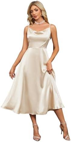 winkbay Women's Elegant Satin Maxi Dress Summer Pearl Cowl Neck A Line Cocktail Wedding Guest Dresses S