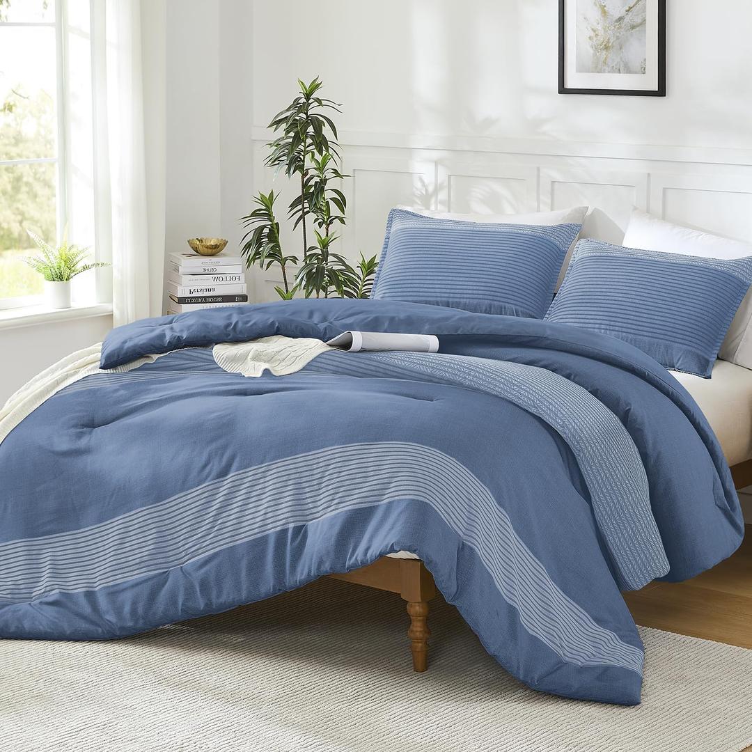 Litanika Comforter Set King Size Sapphire Blue - 3 Pieces Lightweight Sapphire Blue White Colorblock Stripe Fluffy Bedding Comforter Sets, All Season Bed Set