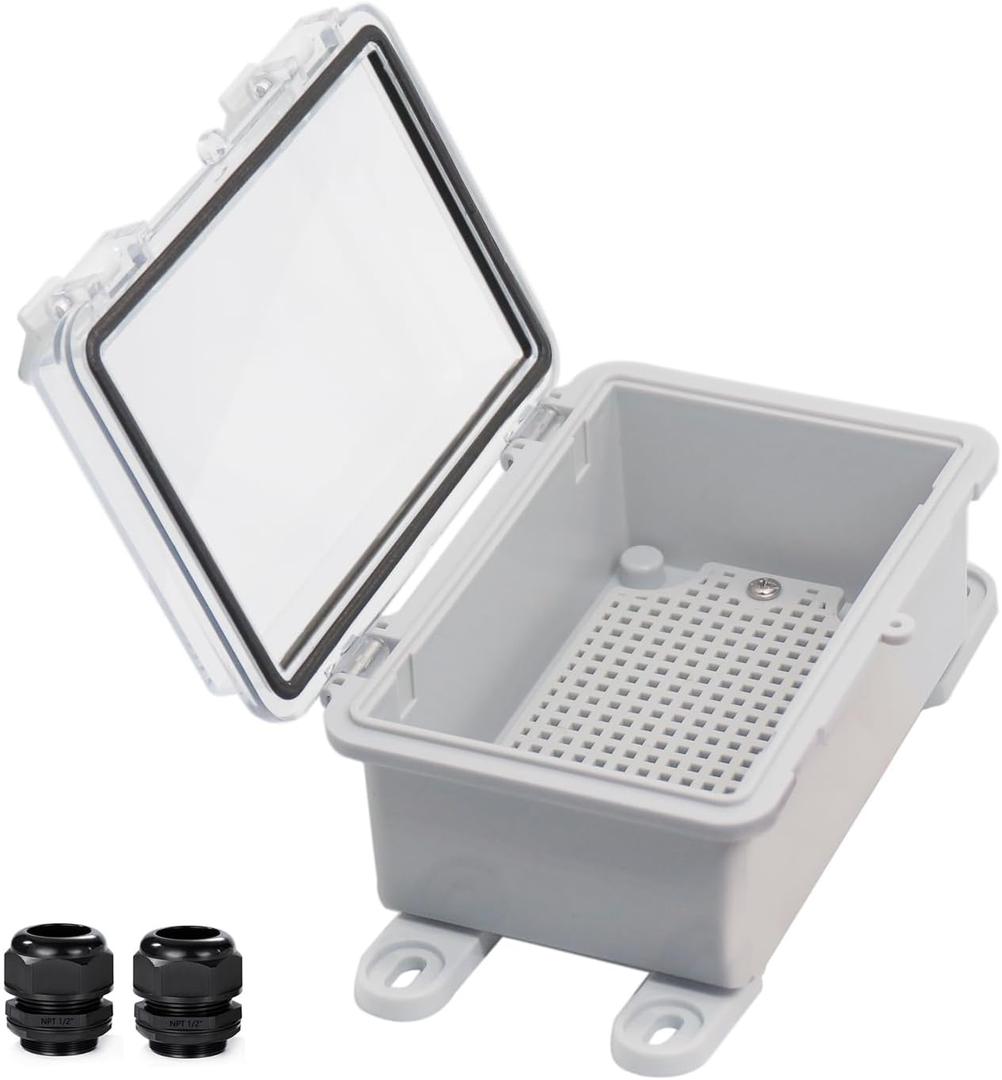 YETLEBOX Waterproof Electrical Box Dustproof Junction Box Weatherproof IP67 ABS Plastic Enclosure Switch Router Project Box with Mounting Plate with Wall Bracket 2 Cable Glands Clear 5.9"x3.9"x2.8"