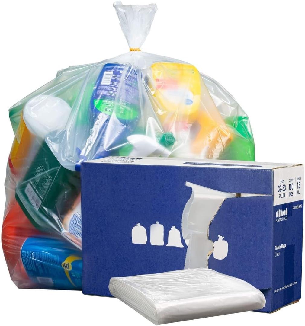 Plasticplace 32-33 Gallon Trash Bags  1.5 Mil  Clear Heavy Duty Garbage Can Liners  33" x 39", 100 Count (Pack of 1), (W33LDC15)