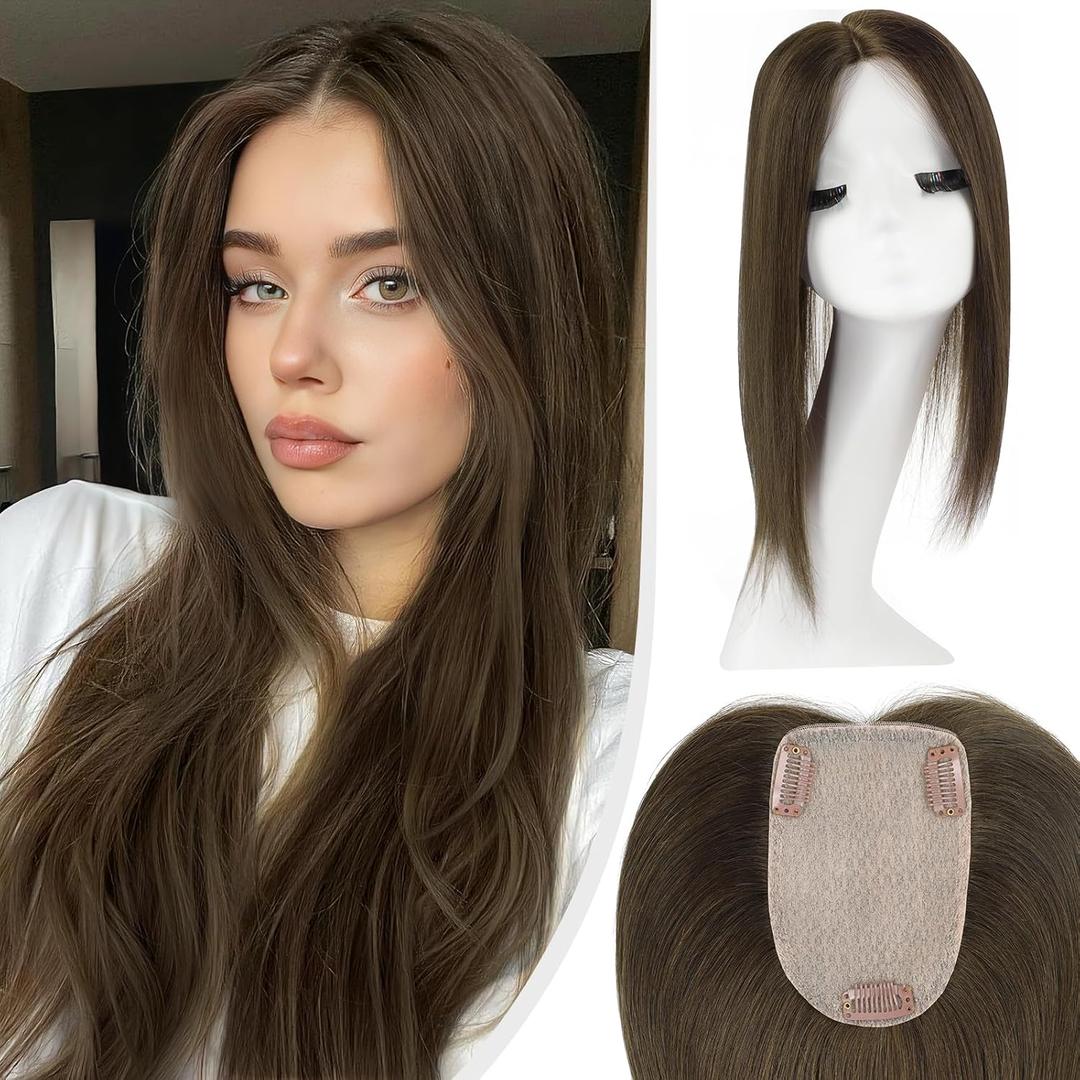 Hair Toppers for Women Real Human Hair,Chocolate Brown Hair Topper 12 Inch Large Silk Base 3.5x5.5 Inch Hair Pieces for Women with Thinning No Bangs for Add Volume