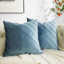 GIGIZAZA Decorative Velvet Pillow Covers 16x16, Set of 2 Stone Blue Sofa Couch Throw Pillows Covers Cases, Living Room Square Cushion Accent Stripe Covers (16" x 16" (Pack of 2))