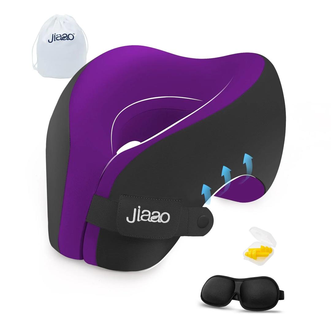 Jiaao Neck Pillow Airplane, Memory Foam Travel Neck Pillows for Long Flight, 3D Eye Masks, Ear Plugs and Portable Drawstring Bag, Napping Pillow for Home, Road Trips, Sleep Rest and Travel Use