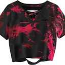 LilyCoco Women Criss Cross V Neck T Shirts Cut Out Tie Dye Short Sleeve Crop Tops Black X-Large