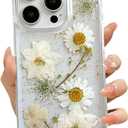 for iPhone 15 Pro Clear Case with Pressed Real Flowers Design,Glitter Cute White Floral Pattern Slim Soft TPU Protective Women Girl's Phone Cover for iPhone 15 Pro