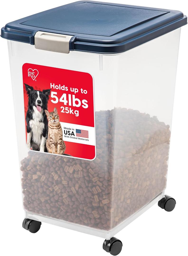 IRIS USA Dog Food Storage Container, Up to 54 Pounds, Attachable Wheels, For Dog Cat Bird and Other Pet Food Storage Bin, Keep Fresh, Easy Mobility - Made in USA, Navy, 54 Lbs