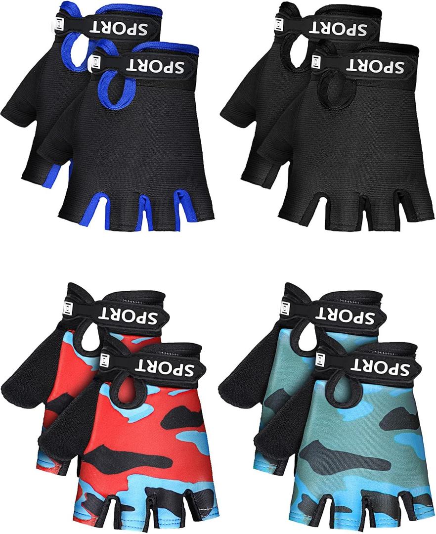 SATINIOR 4-Pairs Kids Bike Gloves, Fingerless Gloves for Boys & Girls, Non-Slip Cycling Glove with Adjustable Strap, Breathable Half-Finger Climbing Glove, Birthday Gift (7-10 Years)