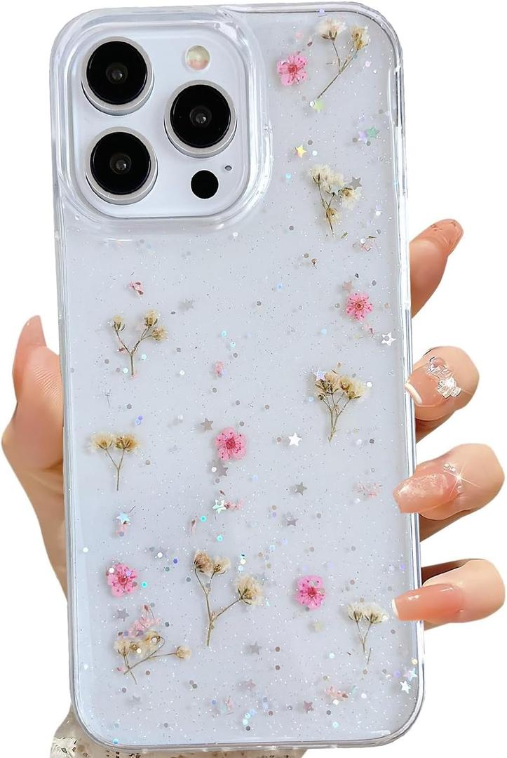 LSEEKA for iPhone 14 Pro Max Clear Case with Pressed Real Flowers Design,Glitter Cute Pink Floral Pattern Slim Soft TPU Protective Women Girl's Phone Cover for iPhone 14 Pro Max