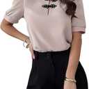 WDIRARA Women's Button Down Puff Short Sleeve Blouse Mock Neck Top Elegant Shirts (Large, Apricot)