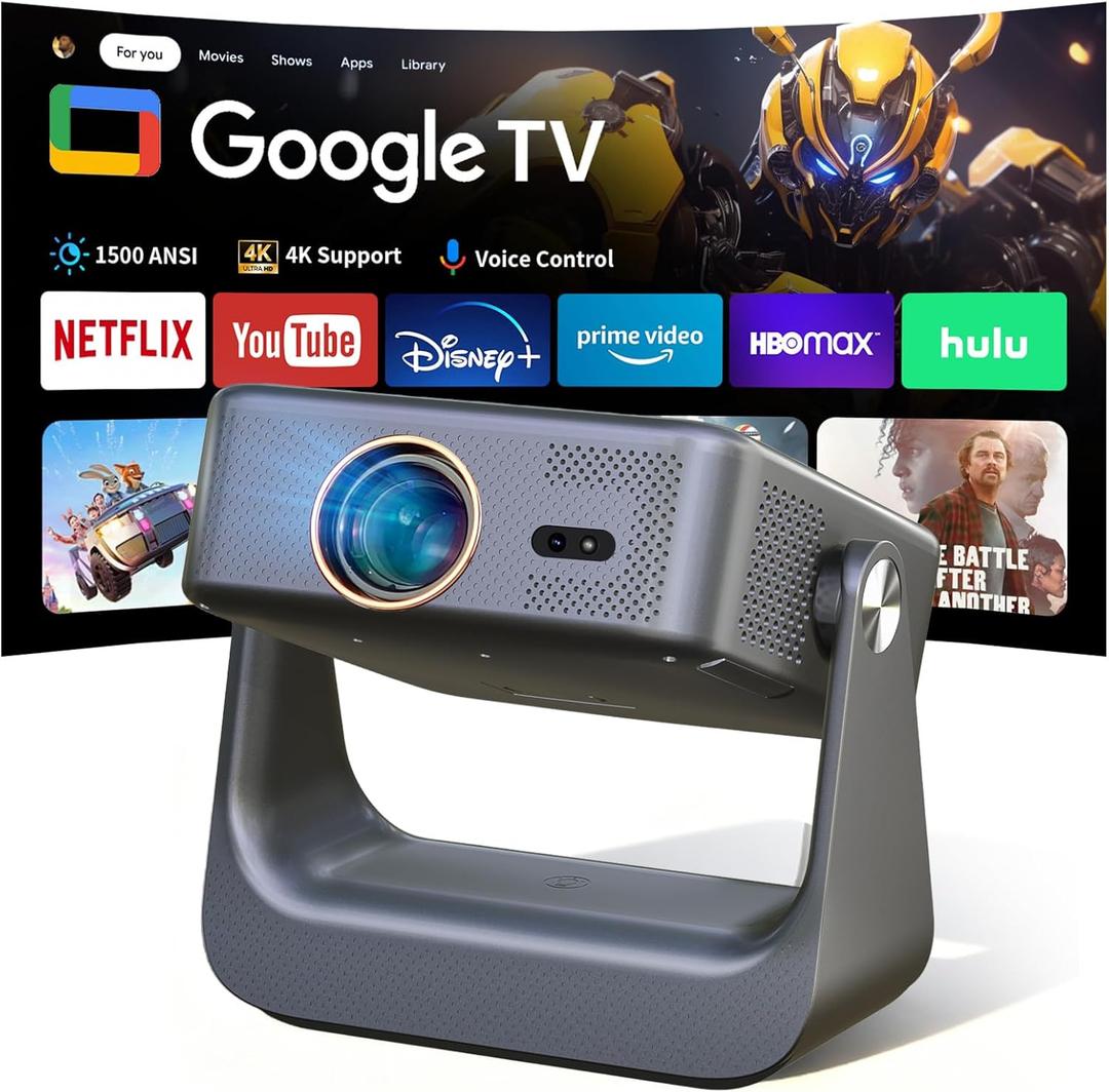Official Licensed Google TVSmart TV Projector with WiFi and Bluetooth, Portable Projector 4K Supported, Native 1080P, 1500 ANSI, Voice Input, Auto Focus, Mini Proyector for Home Cinema, iOS/Android
