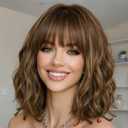 AISI HAIR Curly Bob Wig with Bangs Short Wavy Soft Copper Brown Wigs for Women Bob Style Synthetic Heat Resistant Bob Wigs