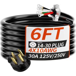 6 FT 4 Prong Dryer Cord 30 AMP Black, 10/4 Gauge Dryer Extension Cord Heavy Duty, NEMA 14-30P to 4-Wire Appliance Power Cable, ETL Listed