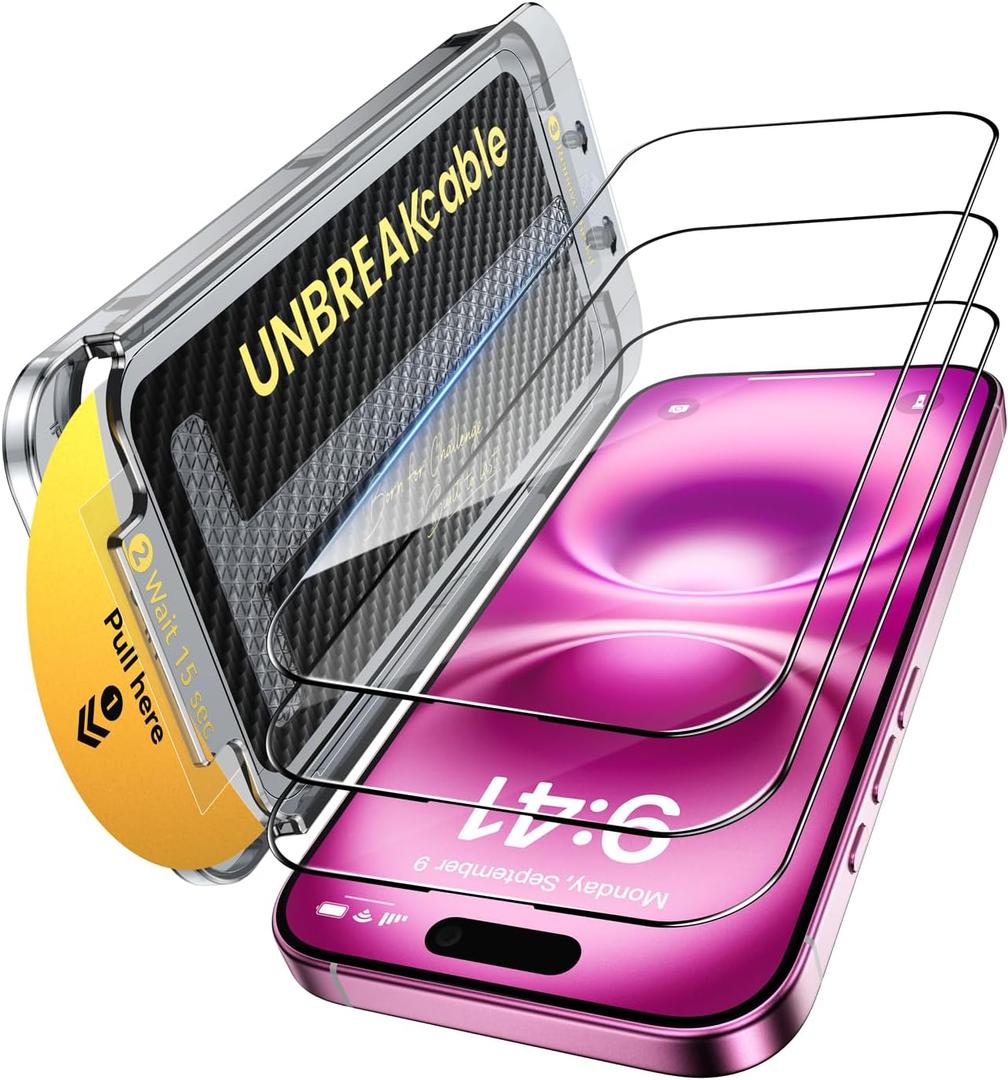 UNBREAKcable 3-Pack Screen Protector for iPhone 16 Plus,Tempered Glass | Shatterproof Glass,One Pull Perfection,Auto Dust Elimination,99.99% HD Clear,Bubble Free,Full Coverage for Apple 6.7 Inch