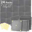 Focusound 24 Pack Grey Acoustic Foam Panels 1" x 12" x 12" Sound Proof Foam Panles Soundproofing Noise Cancelling Wedge Panels for Home Office Recoding Studio with 240PCS Double-Side Adhesive