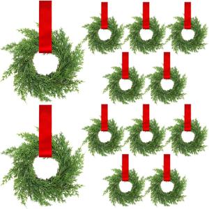 12 Pcs 7.87 Inch Small Christmas Cabinet Wreaths with Ribbon, Mini Wreath for Kitchen Window Chair Backs Front Door Xmas Home Decor DIY Craft Farmhouse Holiday Decorations(Red Color)