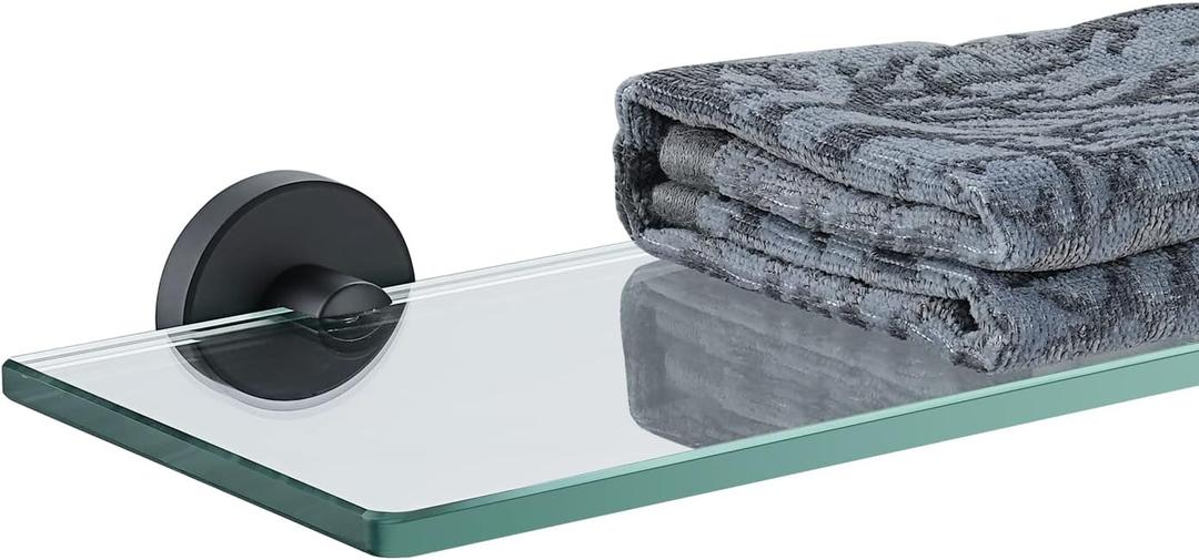 JQK Bathroom Glass Shelf Black, Tempered Glass Shower Storage 24 by 5 inches, 304 Stainless Steel Matte Black Wall Mount, TGS101L24-PB