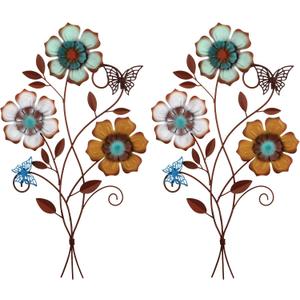 Moxweyeni Tricolor Flower Wall Decor Vintage Metal Wall Art Decor Rustic Hanging Flowers Decorative Metal Floral Art for Home Living Room Bathroom Indoor Outdoor, 15 x 9.1 Inch (2 Pieces)