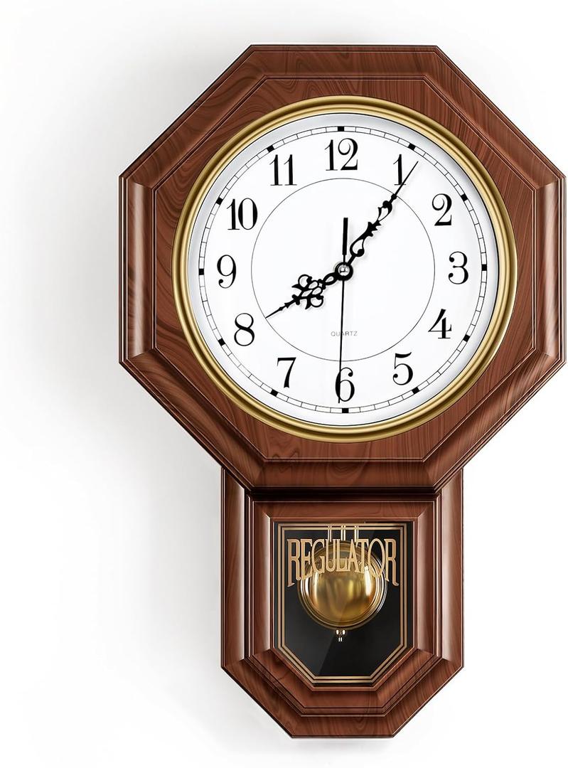 KANEODOT Regulator Wall Clock with Pendulum,Imitation Red Wood Plastic Wall Clock Battery Operated,Vintage Decorative Wall Clocks for Living Room,Farmhouse,Office,Bedroom,Kitchen,Wall Decor