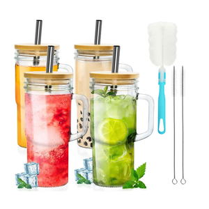 OTOB 4 Pack Glass Tumbler with Straws and Lids, 24oz Iced Coffee Mason Jar Cups, Clear Tumblers with Handle Bamboo Lid, Wide Mouth Boba Drinking Water Glasses for Smoothies Beer Juice Tea Soda Fruit