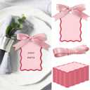 200 Pcs Scallop Name Place Cards for Table Setting DIY Wedding Placecards with Ribbon Include 100 Name Table Cards and 100 Ribbon for Weddings Party Celebrations Supplies (Pink)