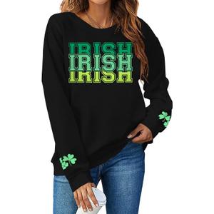St Patricks Day Sweatshirt Women Shamrock Sweater Notre Dame Shirts Clover Top Irish Gift Long Sleeve Pullover (Black, XXL)