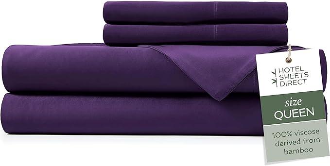 Hotel Sheets Direct 4 Piece Bed Sheet Set Queen Size, 100% Viscose Derived from Bamboo Sheets Set with 2 Pillowcases, Cooling & Breathable Luxury Bedding, MoistureWicking & Silky Soft Texture, Purple