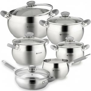Daniks Modern 11-Piece Stainless Steel Cookware Set with Glass Lids, Includes Saucepan and Frying Pan with Lid, Tri-Ply Bases for Even Heating, Induction Compatible, Dishwasher Safe, Heatproof Handles