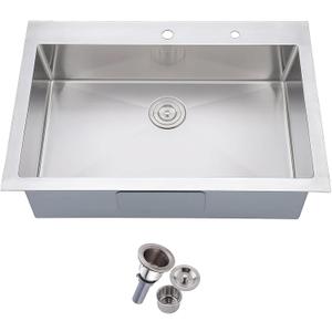 Friho 28 Inch Drop in Kitchen Sink, 28x18 Topmount Commercial Handmade 16 Gauge Single Bowl Stainless Steel Sink with Basket Strainer, 28"x18"x9"