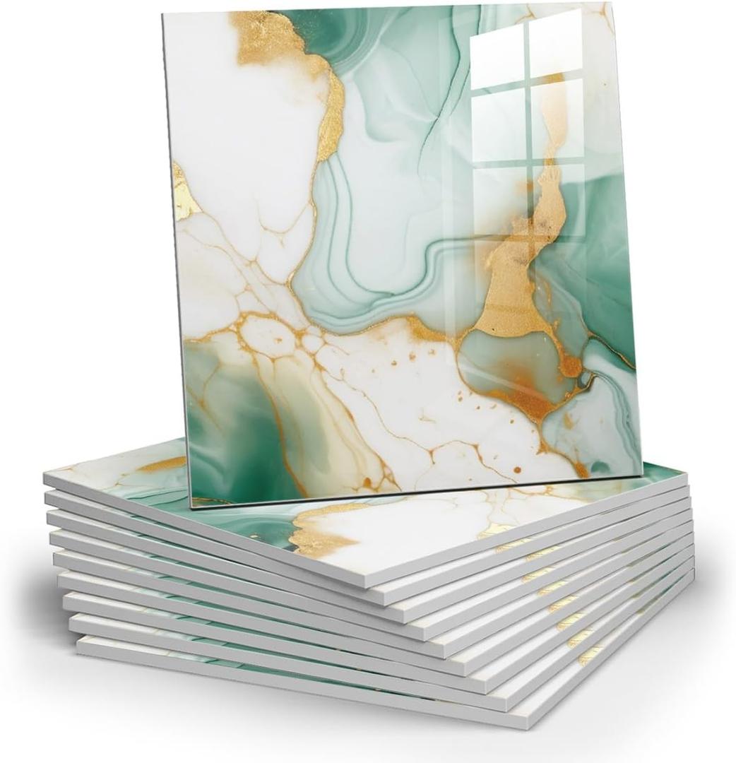 10pcs Marble Peel and Stick Backsplash Waterproof Washroom Wall Panels, Peel and Stick Tile, PVC Foam Wall Panels for Kitchen,Bathroom,Living Room,Green and Gold(Not Real Tile,11.8" x 11.8")
