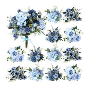 Zeyune 12 Bundles Gradient Blue Artificial Flowers Peonies Silk Dahlia Faux Rose Fake Chamomile Hydrangea Bouquet Floral Arrangements Bulk for Home Vase Wedding Party Table Centerpiece (Peonies)