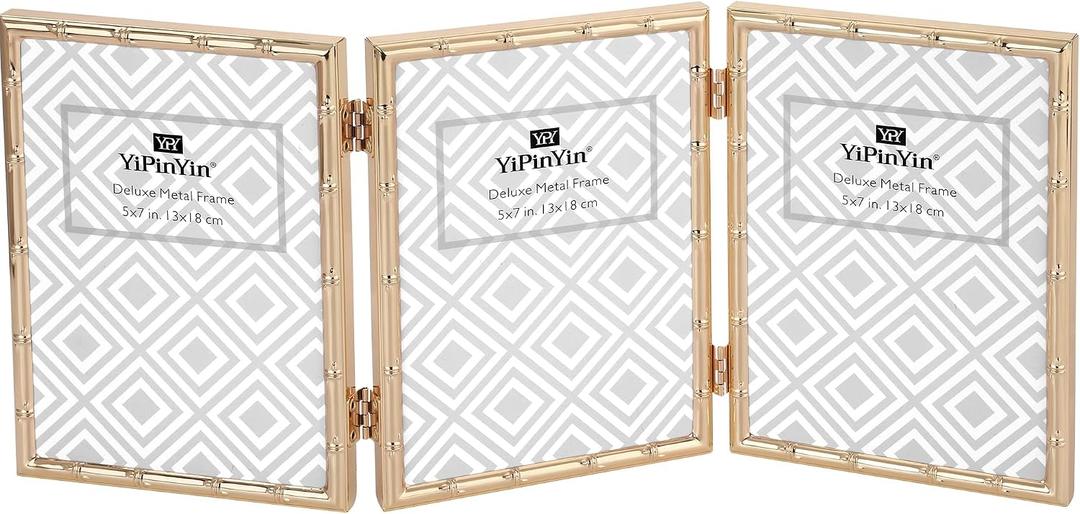 YiPinYin Dark Gold 5x7'' Bamboo Detail Designs Hinged Triple Metal Picture Frame,Elegant Gold Plated Wedding Photo Frames With Soft Touch Velvet Backing for Desktop and Wall Dcor