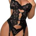 COZYEASE Women's Lingerie Set Floral Lace Bra and Thongs Chemise Bodysuit Babydolls with Stockings And Garter Black M