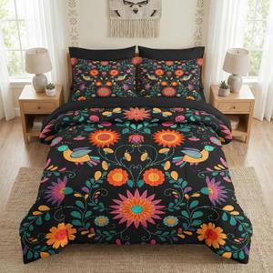 Nesker 7 Pcs Comforter Set Full Size, Colorful Mexican Flower Bedding Set for Kids and Adults, Retro Floral Leaves Bed Sheet Sets with Fitted Sheet 2 Pillowcases & 2 Shams
