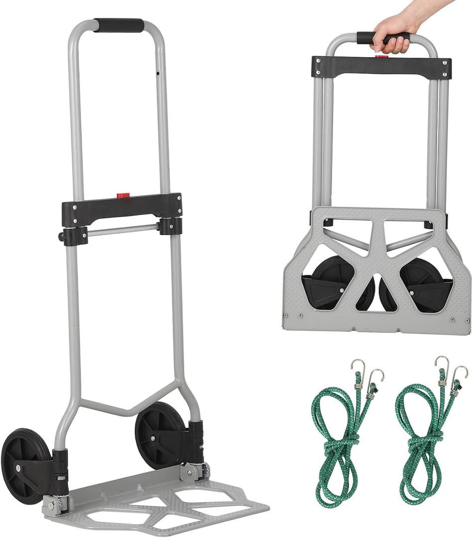 Folding Hand Truck, 180 Lbs Capacity Heavy Duty Portable Dolly Cart, Steel Trolley with Bungee Cord, Telescopic Handle and Rubber Wheels for Moving Shopping Travel Office Use