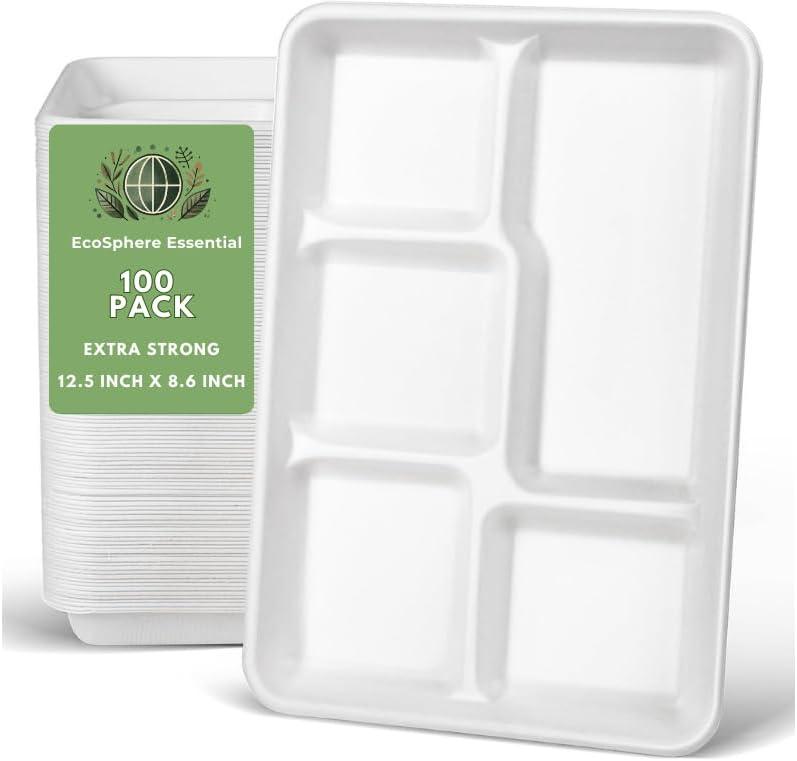 100% Compostable 5 Compartment Paper Plates, 100 Pack, 12.5 * 8.6 inch Disposable School Lunch Trays, Eco-Friendly Bagasse Plates for Buffet, and Party