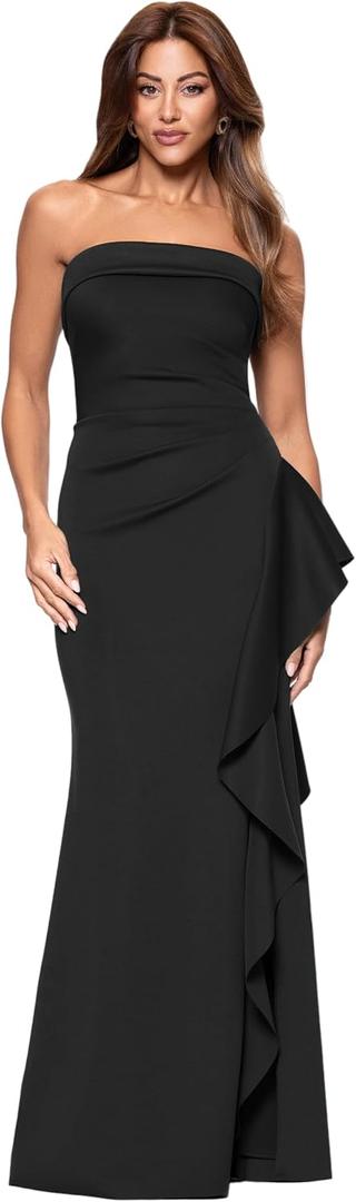 Xscape Evenings Women's Long Ruched Bodycon, Low-Sheen Strapless Evening Dress with Ruffle Detail, 6 Petite