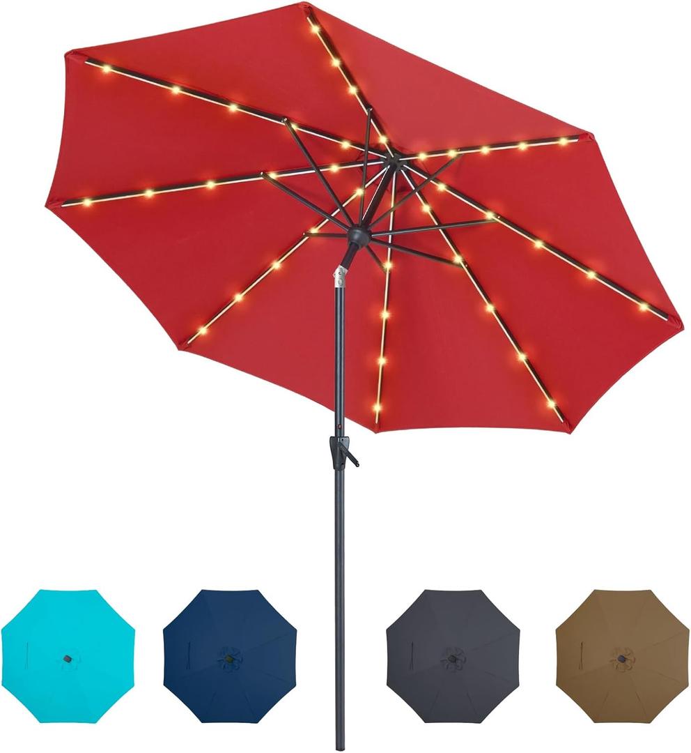 Tempera Solar Patio Umbrella 40 LED Lighted Outdoor Umbrella Table Market Umbrella with Push Button Tilt and Crank, Solar Umbrella with Sturdy Pole&Fade Resistant Canopy, Easy to Set (9ft, rust red)