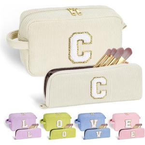 YOOLIFE 2 Small Make Up Bag Makeup Pouch - Travel Makeup Bag Makeup Brush Bag Cosmetic Bag Travel Essentials Girls Makeup Bags for Women Cute Makeup Bag Personalized Gifts for Women Her White Letter C