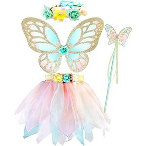 DJDLPARTY Girls Fairy Costume Set with Butterfly Wings Tutu Wand and Halo Headban 3-5years