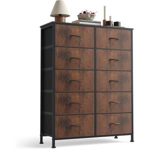 OLIXIS 10 Drawer Tall Dresser with Fabric Bins for Bedroom, Fabric Storage Tower Organizer for Closet Living Room Hallway, Double Chest of Drawers with Steel Frame Wood Top, Black-Brown