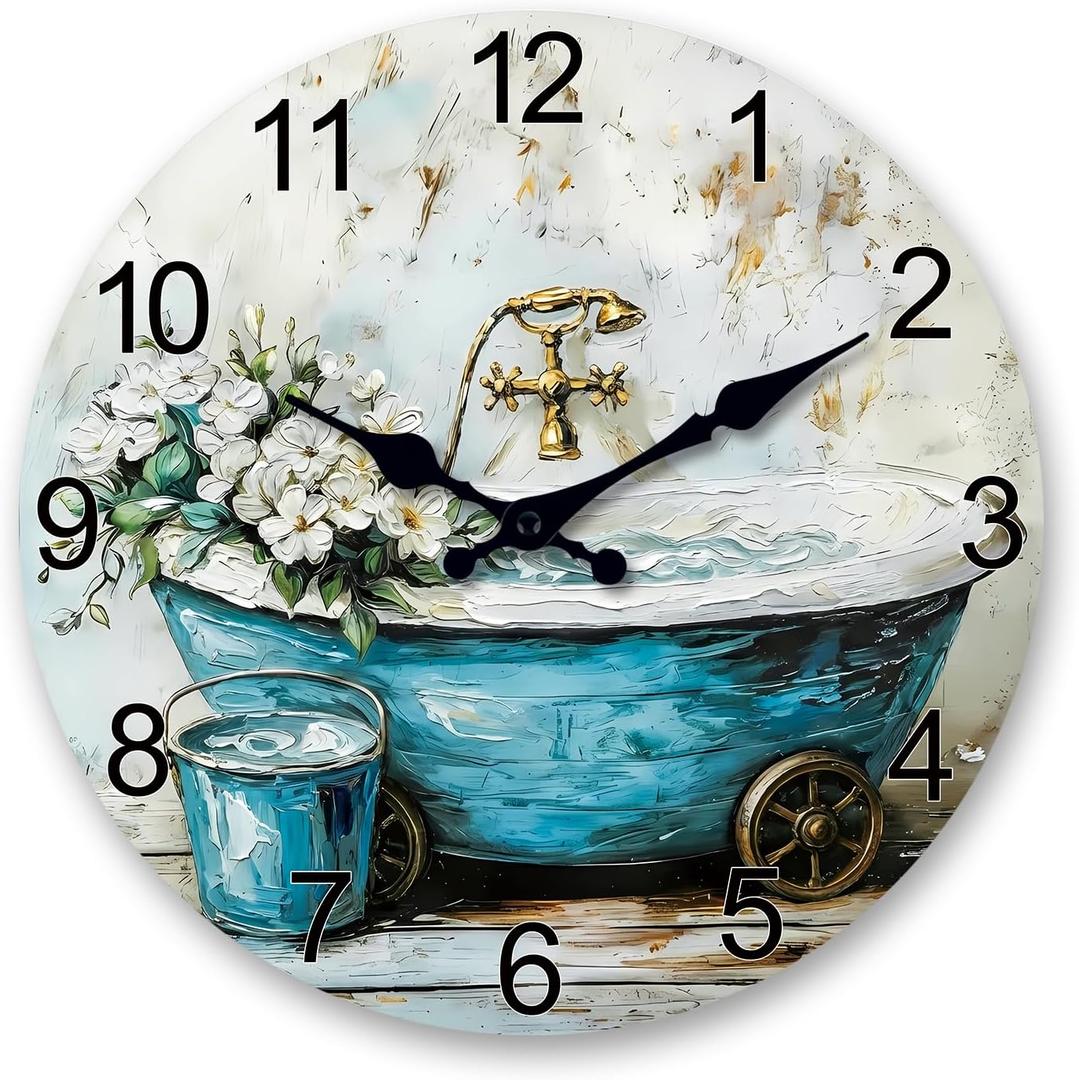 XNM Farmhouse Wooden Wall Clocks Battery Operated 10 Inch Small Blue Wall Clock for Living Room Bedroom Vintage Bathtub Wall Clock Non Ticking (Teal2)