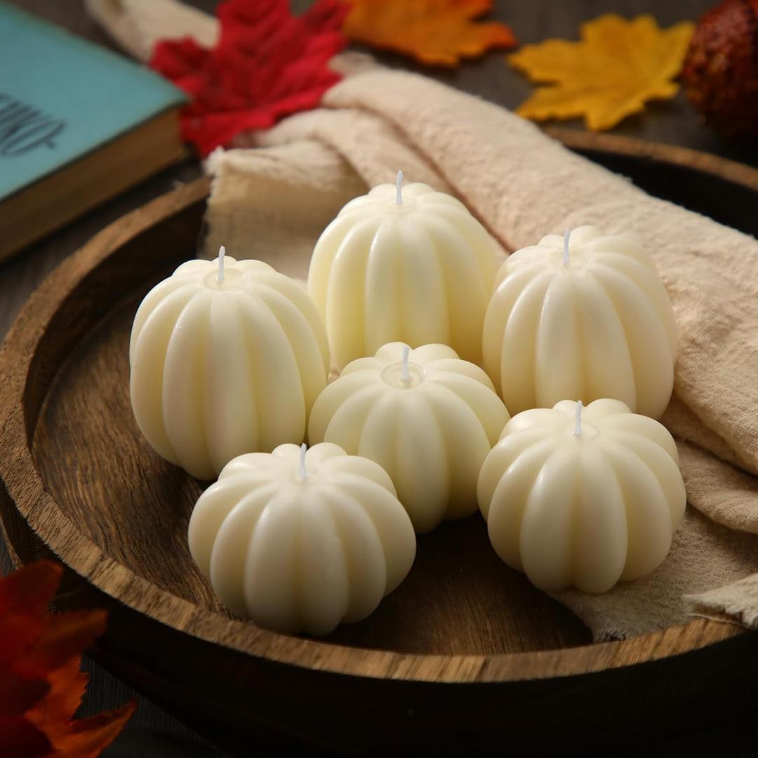 MTLEE 6 Pieces Thanksgiving Pumpkin Shaped Candle Fall White Scented Tealight Candles Home Decor Handmade Thanksgiving Gifts for Bedroom Bathroom Party (Small)
