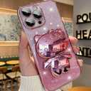 for iPhone 15 Pro Max Case Luxury Glitter Case with Cute Kawaii Stand,Glitter Diamond Bling Case with Mirror Full Camera Lens Protection for Women Men Girls Anti-Scratch 6.7'' (Rose Gold-02)