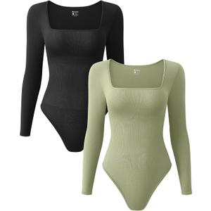 OQQ Women's 2 Piece Bodysuits Sexy Ribbed One Piece Square Neck Long Sleeve Tops (Medium, Black Jade Green)