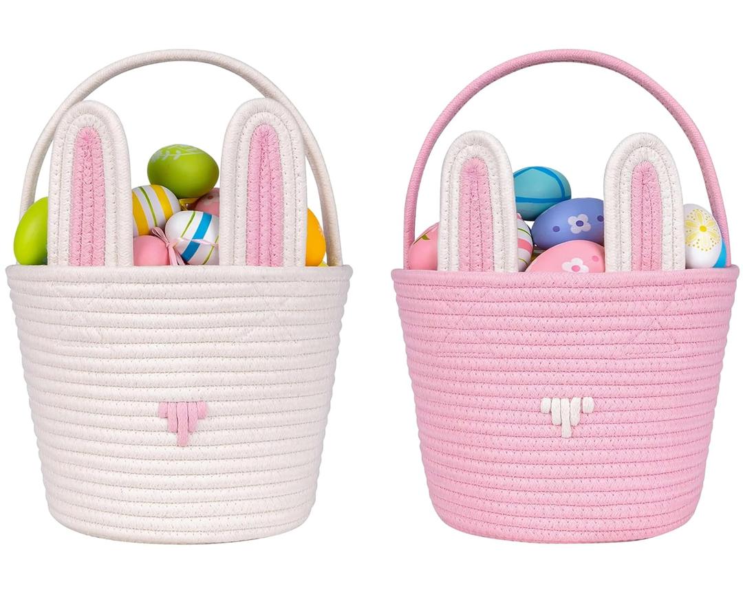 CubesLand Easter Baskets for Kids - 2-Piece Empty Bunny Buckets Set with Handle, Soft & Sturdy Easter Egg Hunt Basket Bags (9.8x7.8x7.8 Inch) - Perfect Easter Gifts for Girls, Boys & Toddlers
