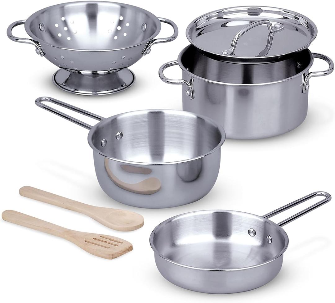 Melissa & Doug Stainless Steel Pots & Pans, 8 Piece Play Kitchen Set, Premium Play Kitchen Accessories & Cooking Utensils, Preschool Toys for Kids 3+, 12.9 X 6.0 X 6.0