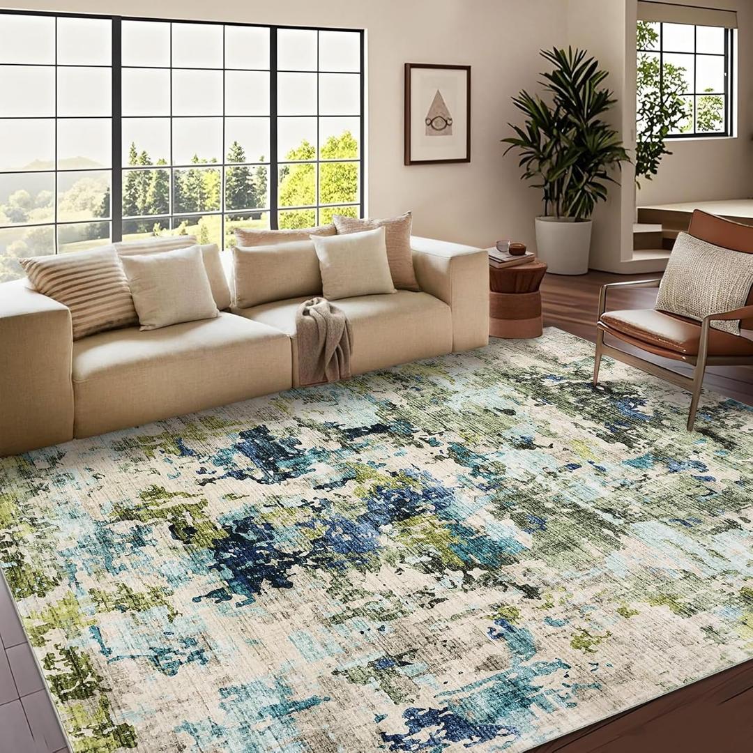 CAROMIO 8x10 Area Rugs for Living Room, Soft Modern Abstract Washable Rug with Non-Slip Backing, Ultra-Thin Large Area Rug for Bedroom Dining Room (Green/Blue Multi, 8'x10')