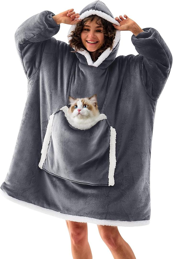 JOYWOO Wearable Blanket Hoodie, Birthday Gifts for Women Men Mom, Oversized Hooded Blanket for Adult, Cozy Fuzzy Sherpa Sweatshirt Blanket with Giant Pocket and Valentines Day Gifts,Grey