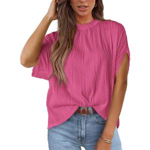 PRETTYGARDEN Women's Tops 2025 Summer Casual Crewneck Short Sleeve Textured Shirts Going Out Work Blouse Basic Tunic Top (Pink, L)