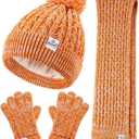 Kids Winter Hat Gloves Scarf Set,Girls Toddler Winter Hat Beanie with Pom Neck Warmer Gaiter Mittens Fleece Lined Set (9-15 Years, Orange Mix)